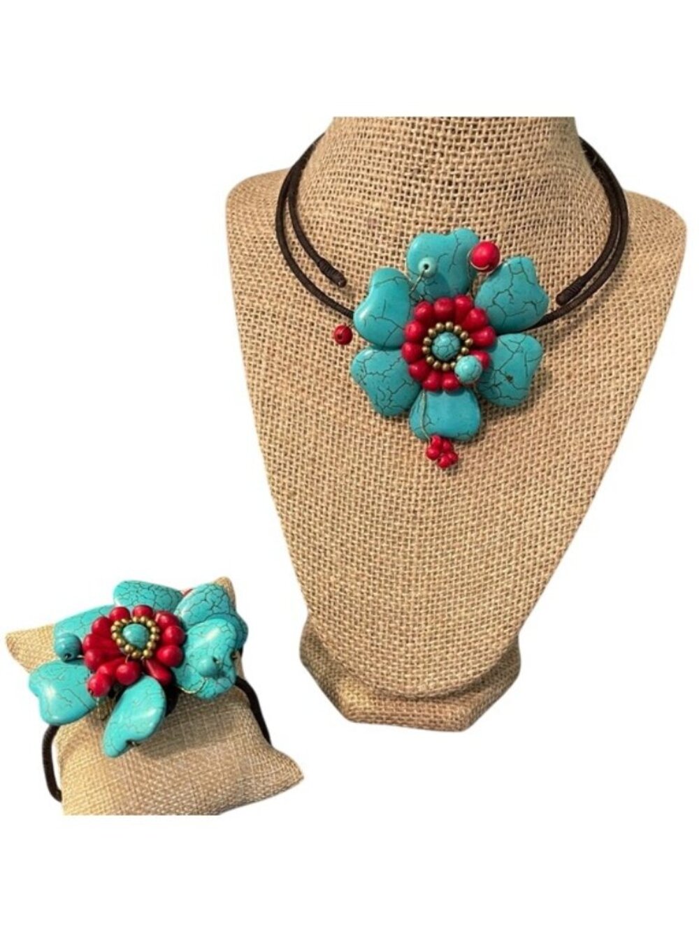 Memory Wire Necklace Bracelet Set Dyed Howlite Turquoise Red Flower Boho Adj